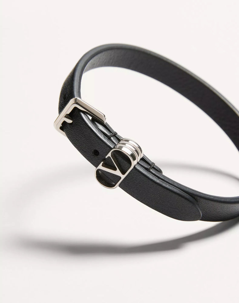 Valentino Garavani Logo-Buckle Leather Bracelet — Black, view 3