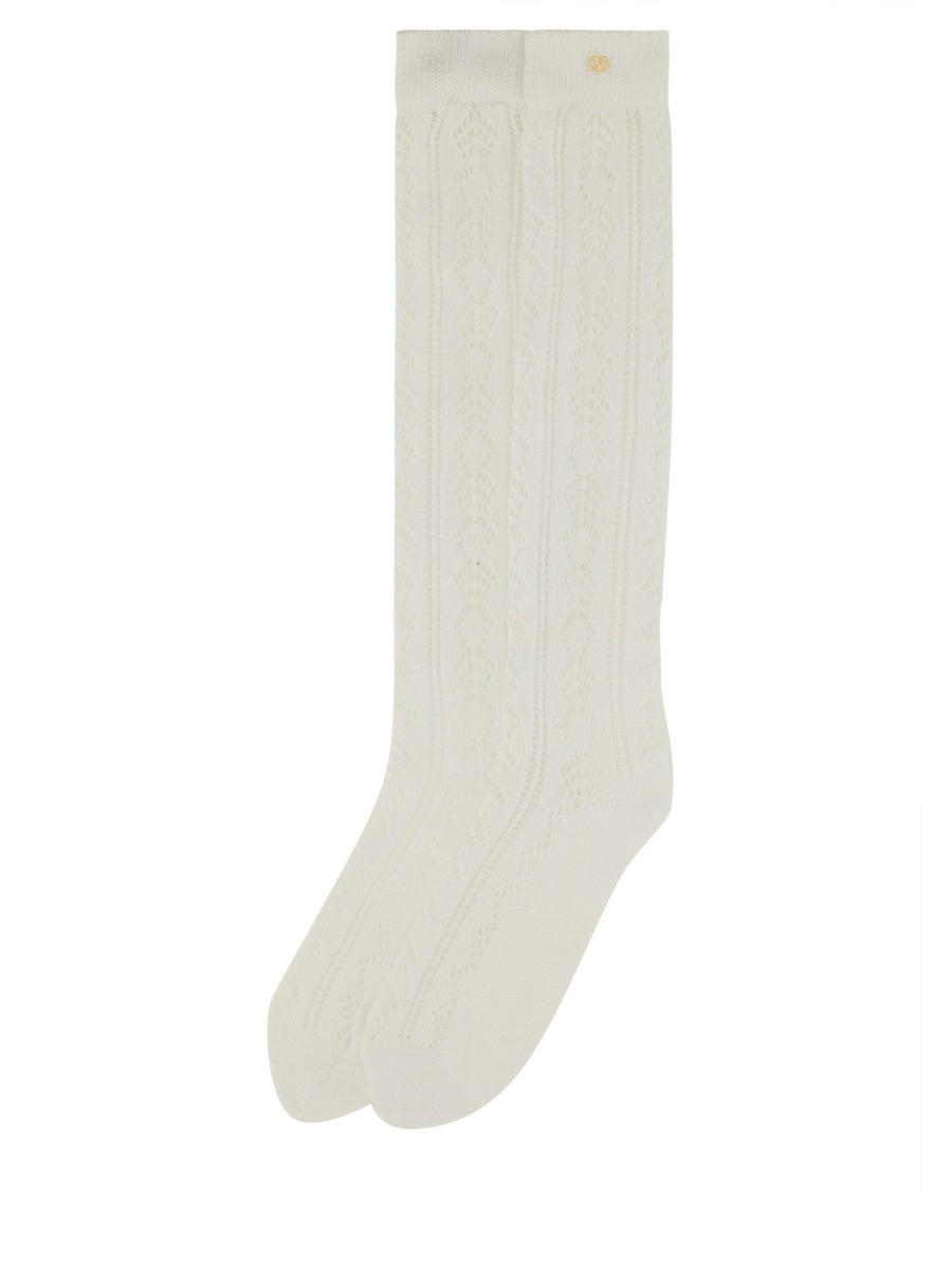 Valentino Perforated Cotton Socks — White, view 2