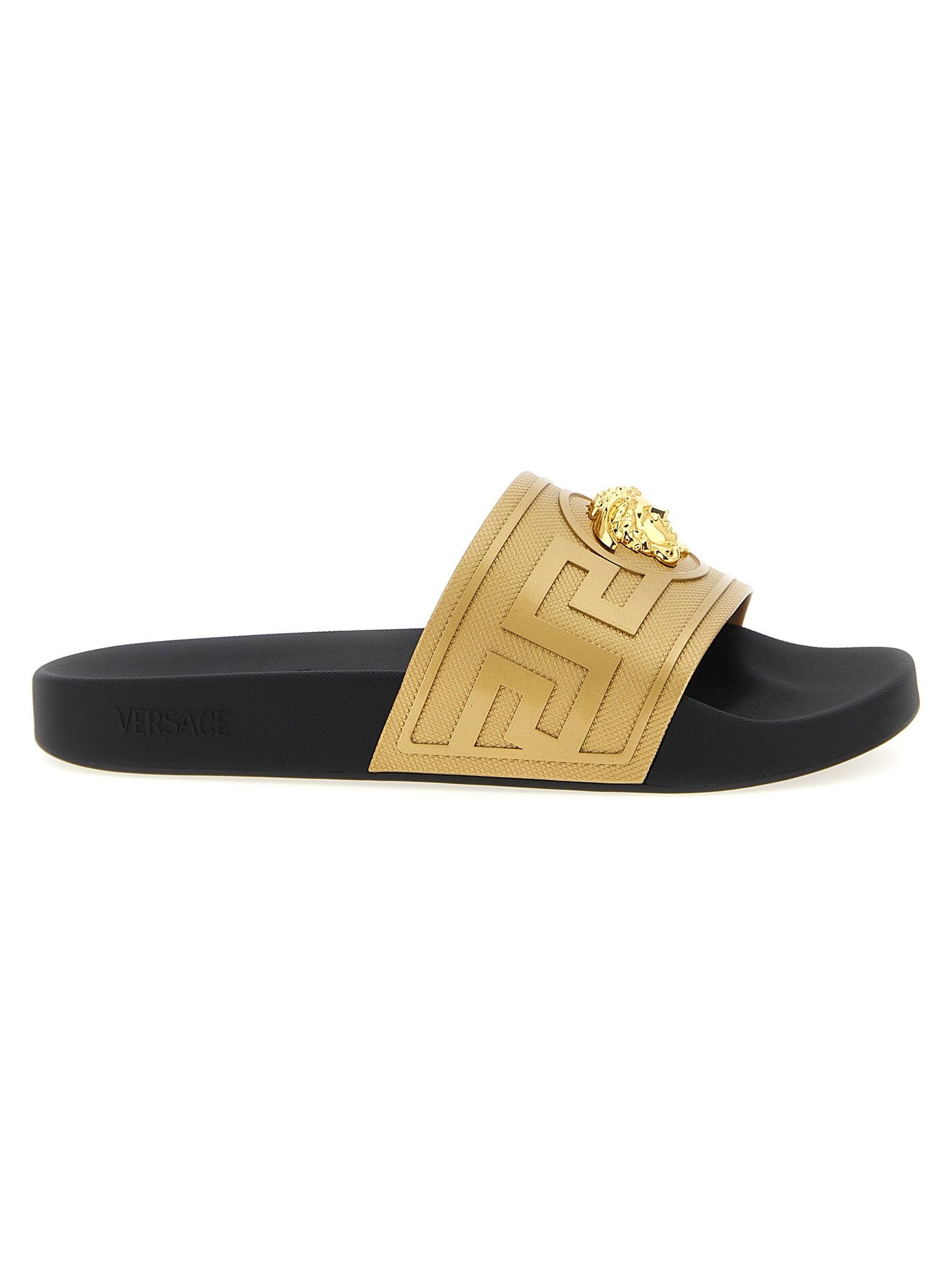Versace Metal Medusa Logo Slides — Tan by Versace