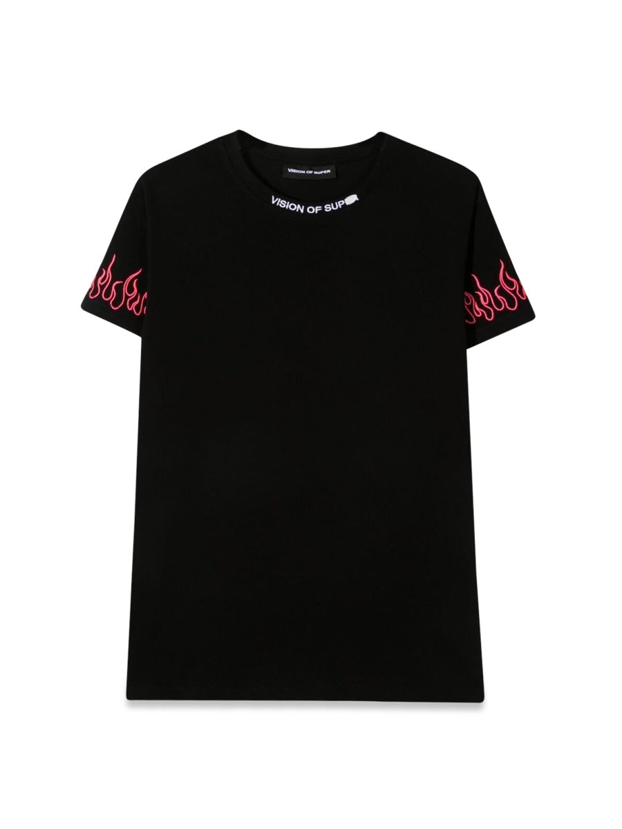 Vision Of Super Embroidered Fuchsia Flame T-Shirt — Black by Vision Of Super