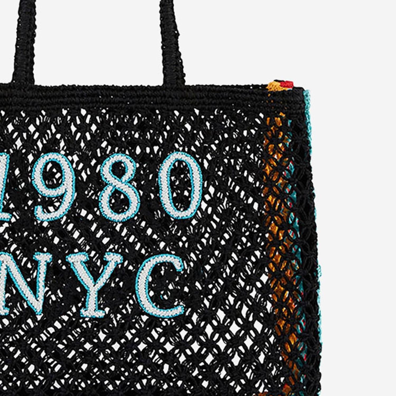 Wild Logo-Embroidered Raffia Tote Bag — Black by Wild
