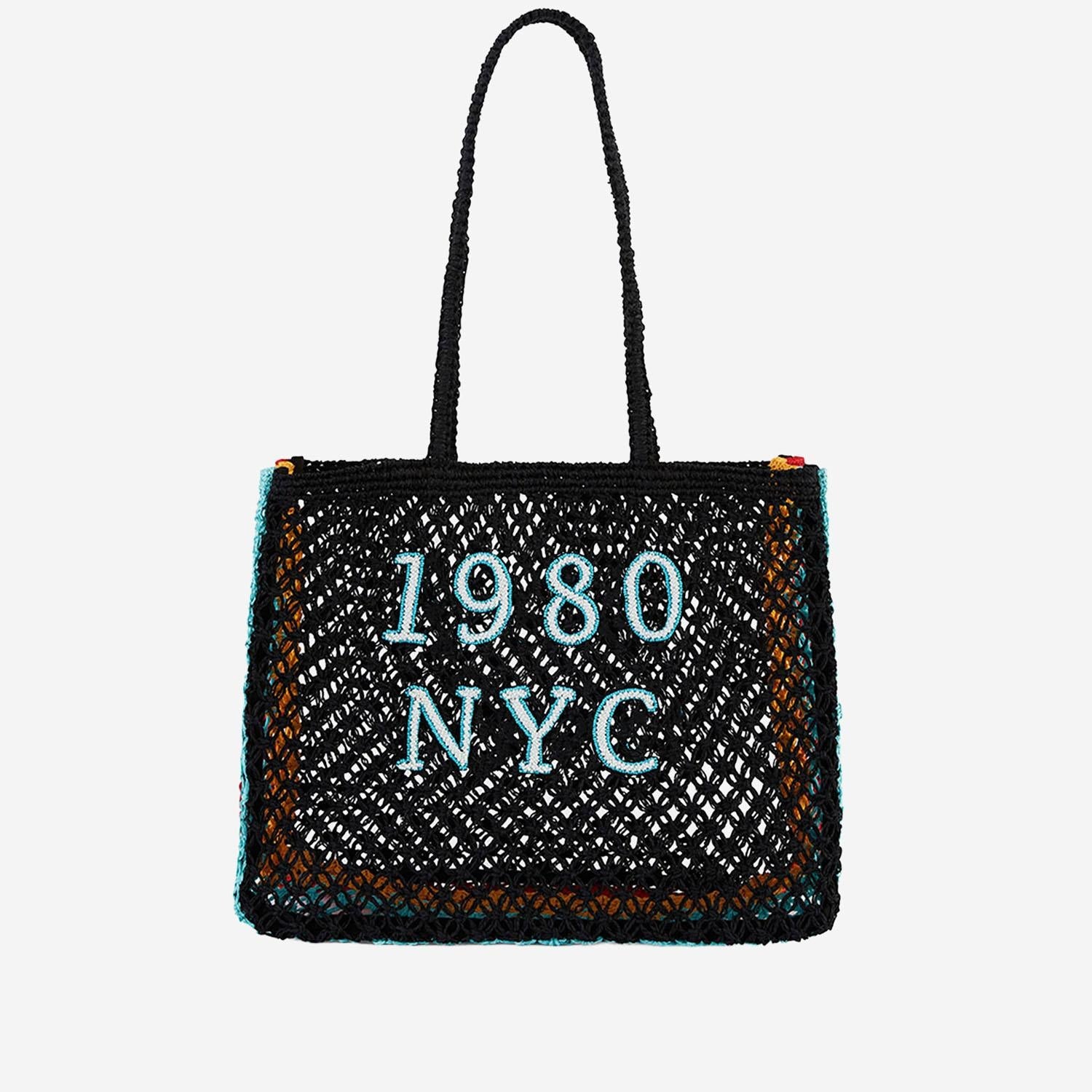 Wild Logo-Embroidered Raffia Tote Bag — Black, view 2