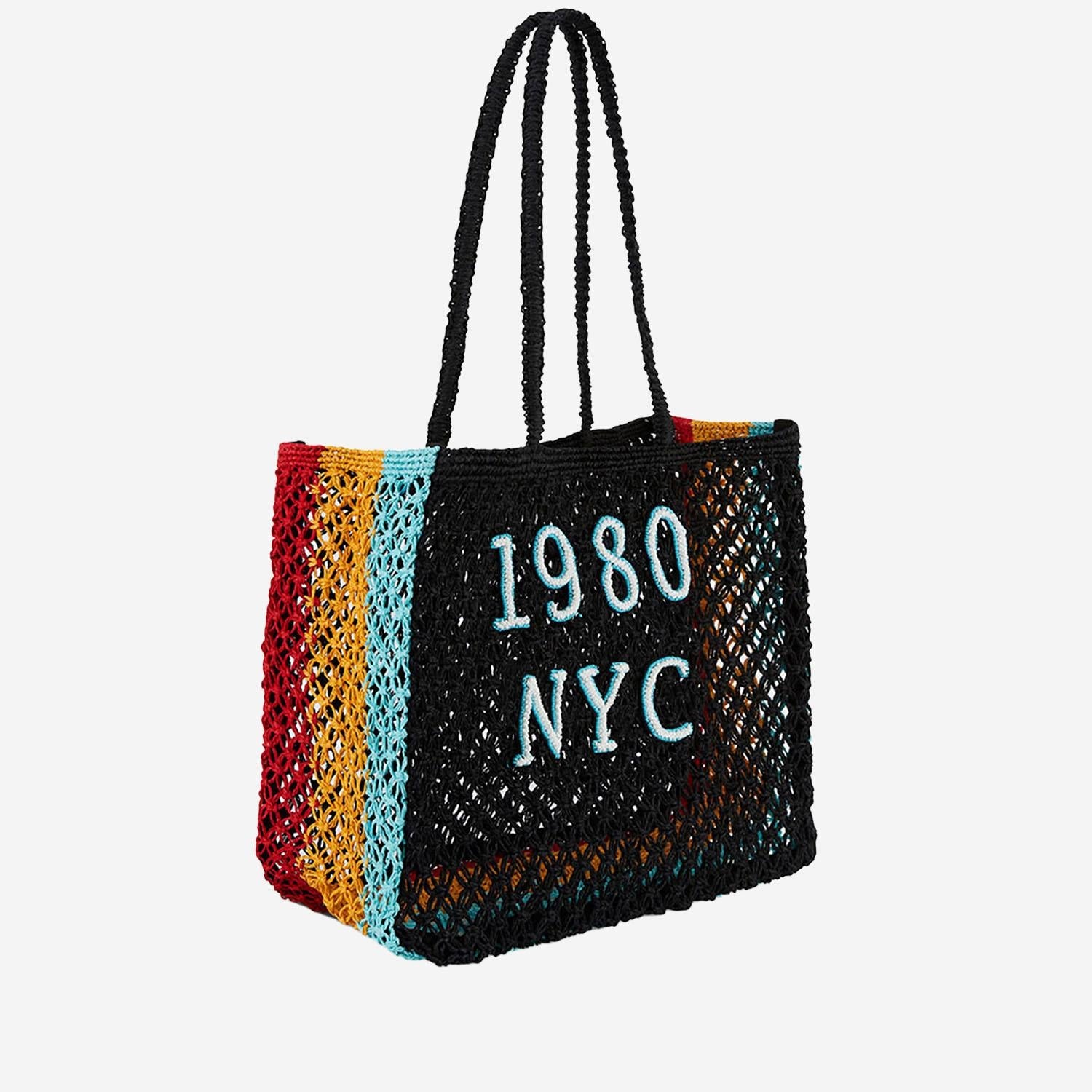 Wild Logo-Embroidered Raffia Tote Bag — Black, view 3