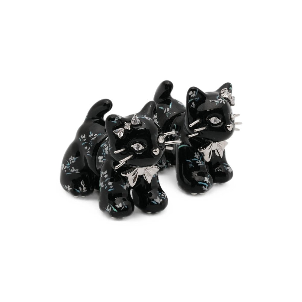 Yvmin Crystal Cat Motif Earrings — Black by Yvmin
