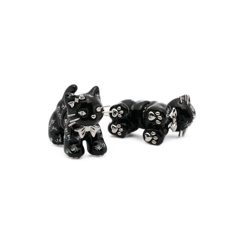 Yvmin Crystal Cat Motif Earrings — Black, view 3