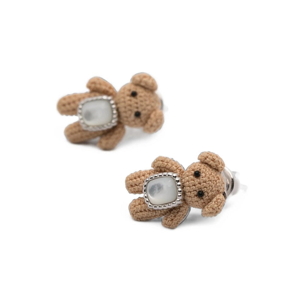 Yvmin Teddy-Bear Motif Mother-of-Pearl Earrings — Silver, view 2