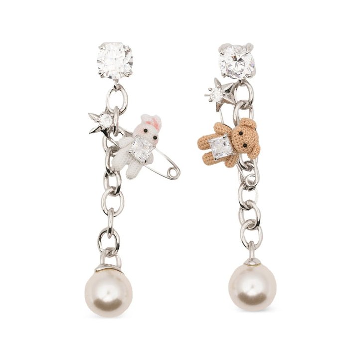 Yvmin Bear Motif Faux-Pearl Earrings — Silver by Yvmin