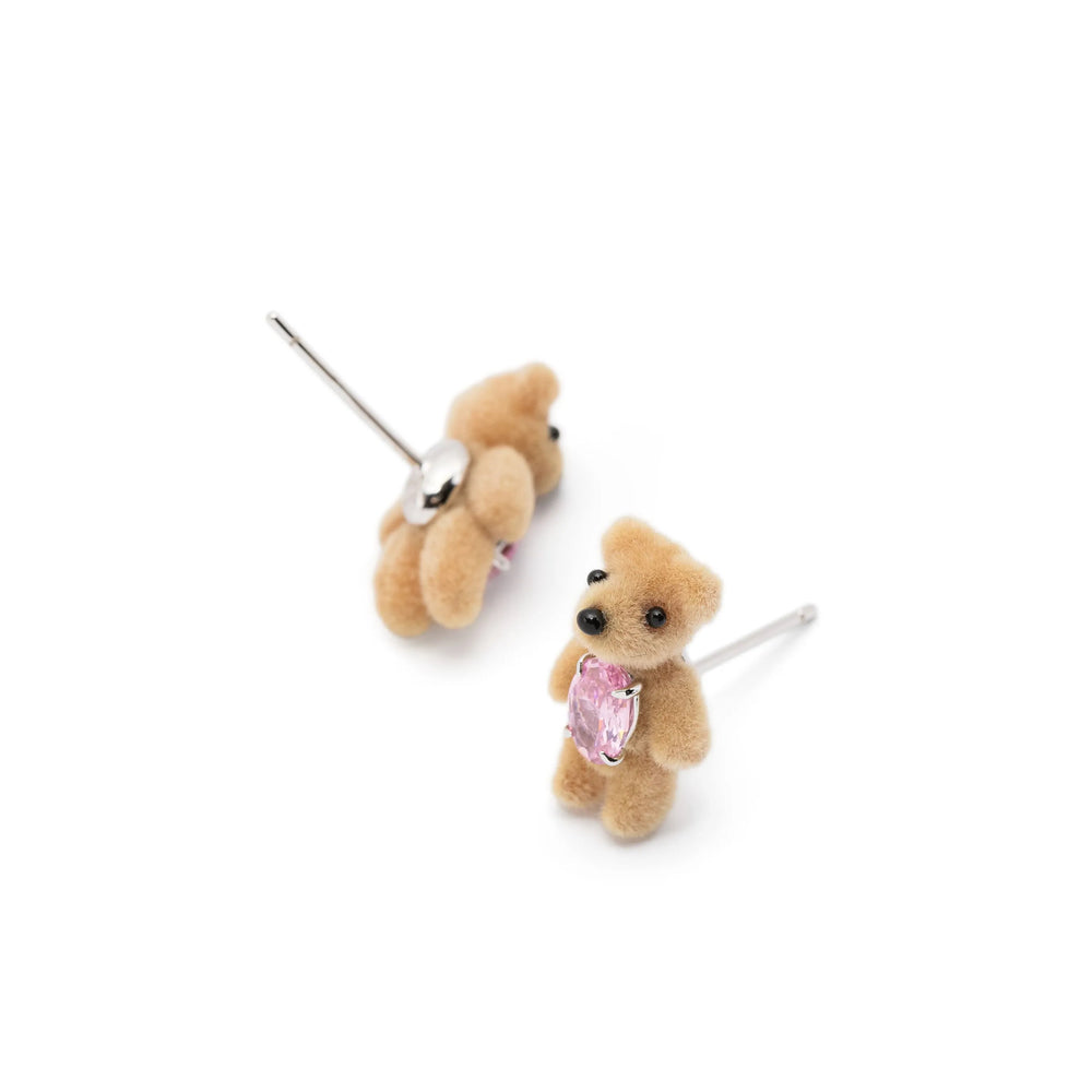 Yvmin Bear Motif Flocked Stud Earrings — Brown, view 3