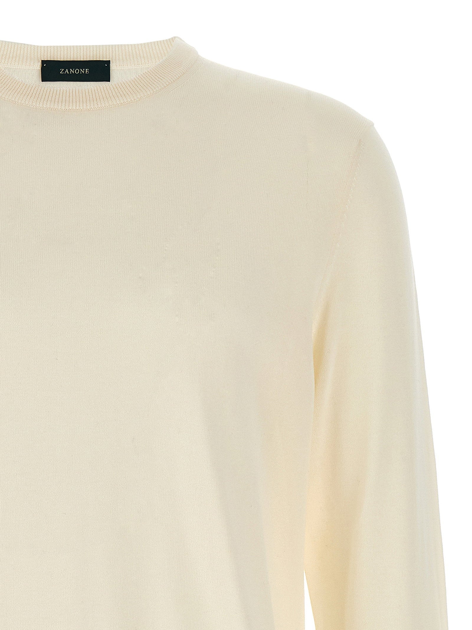 Zanone Crew Neck Cotton Sweater — Cream, view 3