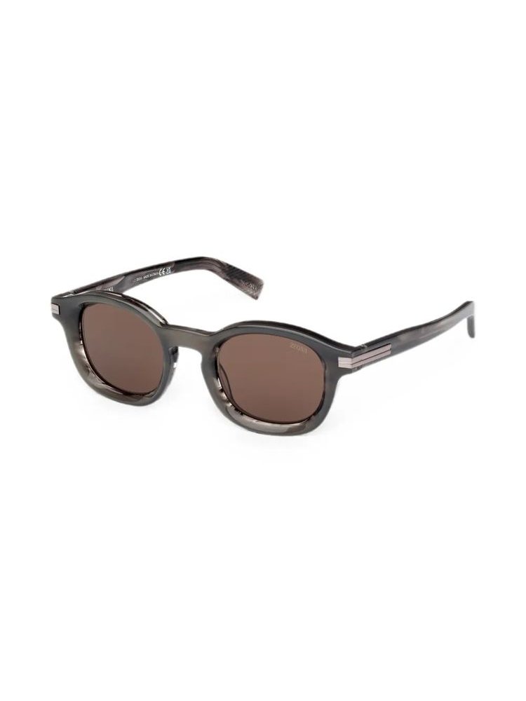 Zegna EZ0229 Acetate Round-Frame Sunglasses — Grey, view 2